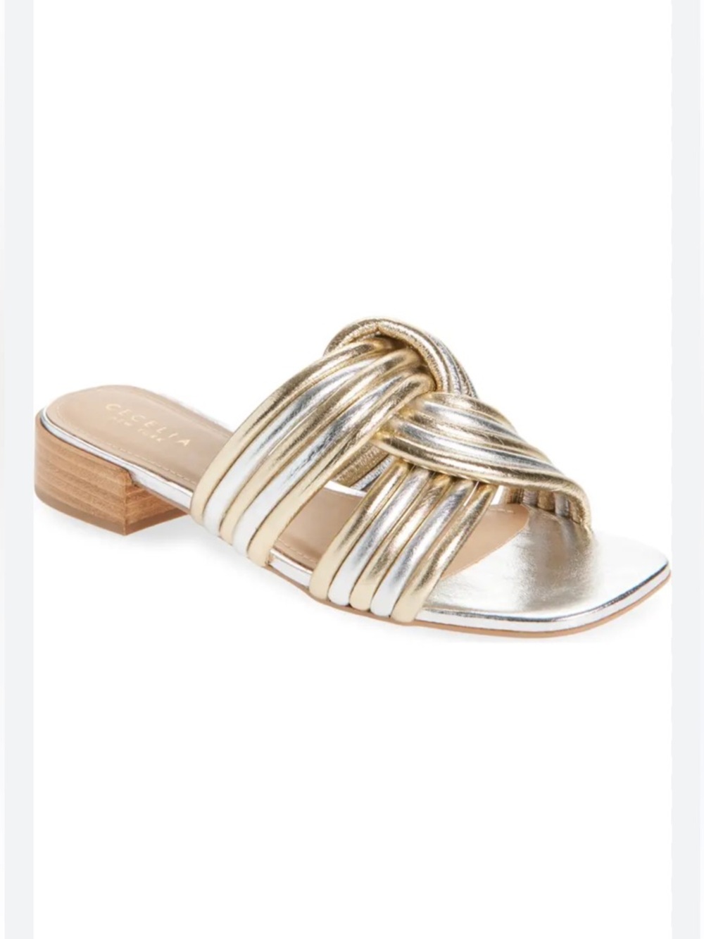 CECELIA New York Sz 6.5 Liv Silver Gold Leather Block Heeled Sandals Exc Cond